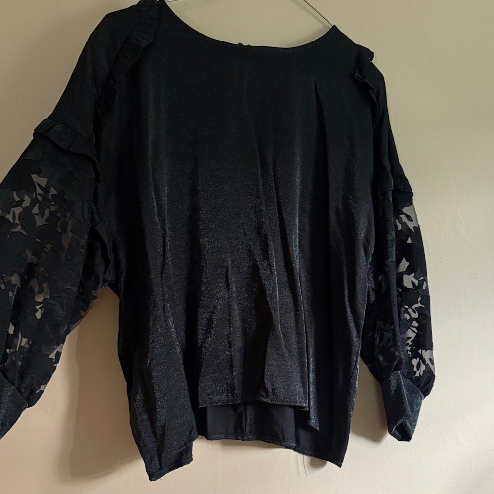 Zara Black Long Sleeve Ruffle Blouse with Sheer Floral Sleeves